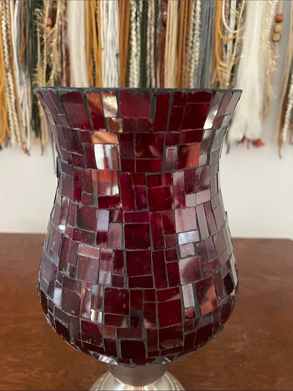 Red Mosaic Glass Hurricane Candle Holder -